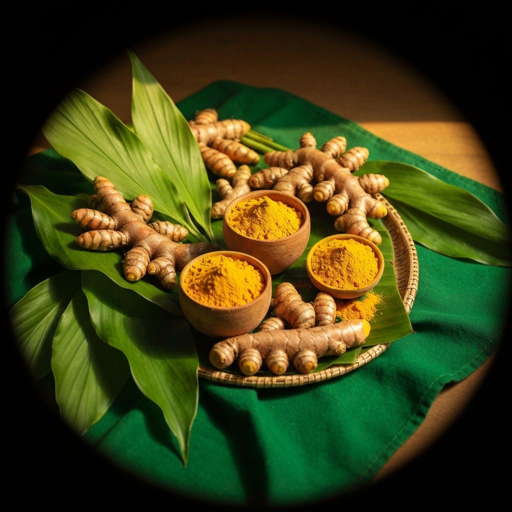 Fresh turmeric roots and emerald green leaves